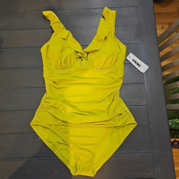 DKNY Women Bright Yellow Ruffle Detail underwire One Piece Swimsuit Size Medium - Picture 5 of 12